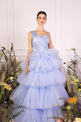 Light Blue One Shoulder Sleeveless Ball Gown Tulle Ruffled Floor Formal Evening Gown