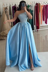 Light Blue One Shoulder Sleeveless Beaded A-line Satin Split Front Formal Evening Gown