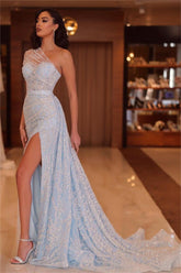 Light blue one shoulder beaded mermaid evening dress