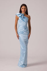Light blue one shoulder ruffled column evening dress