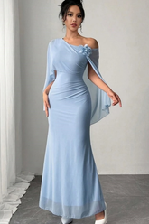 Light Blue One Shoulder Sleeveless Mermaid Cape Sleeves Chiffon 3D Formal Evening Gown