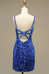 Light Blue Open Back Sequins Tight Homecoming Dress