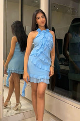 Light Blue Rhinestone Halter Sleeveless Bodycon Satin Ruffled Mini Formal Evening Dress