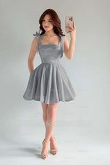 Light Blue Rhinestone Square Sleeveless A-Line Pleated Bow Mini Formal Evening Dress