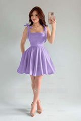 Light Blue Rhinestone Square Sleeveless A-Line Pleated Bow Mini Formal Evening Dress
