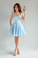 Light Blue Rhinestone Square Sleeveless A-Line Pleated Bow Mini Formal Evening Dress