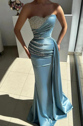 Light Blue Rhinestone Strapless Sweetheart Beaded Mermaid Satin Floor Length Evening Gown