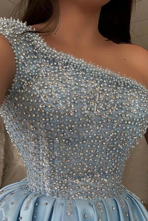 Light Blue Satin A-Line Evening Dress One-Shoulder Allover Pearl Crystal Beaded Corset Bodice Scattered Pearl Skirt Thigh-High Slit Floor Length Formal Gown