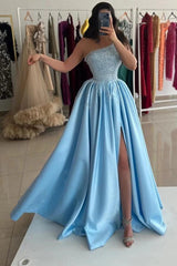 Light Blue Satin A-Line Evening Dress One-Shoulder Allover Pearl Crystal Beaded Corset Bodice Scattered Pearl Skirt Thigh-High Slit Floor Length Formal Gown