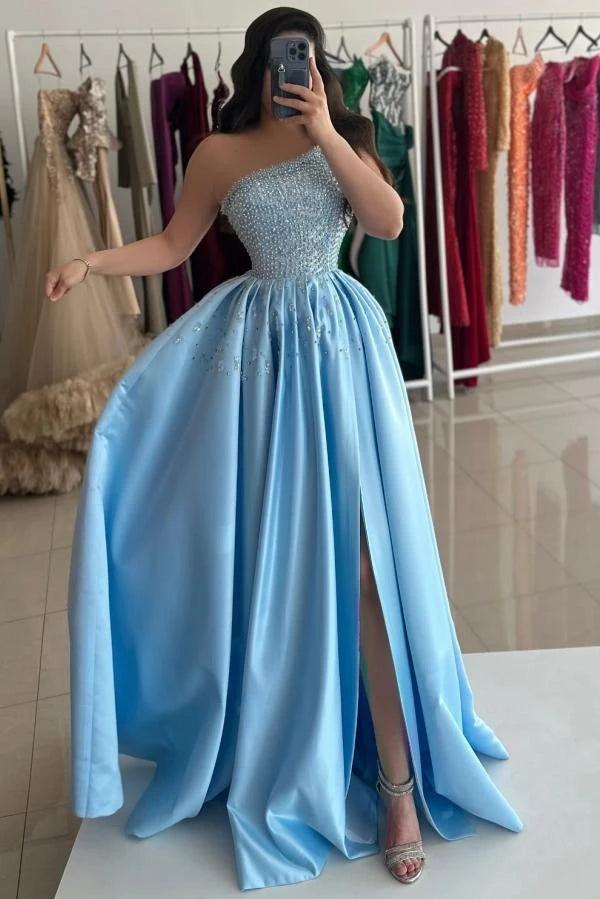 Light Blue Satin A-Line Evening Dress One-Shoulder Allover Pearl Crystal Beaded Corset Bodice Scattered Pearl Skirt Thigh-High Slit Floor Length Formal Gown