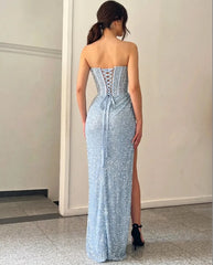 Light Blue Sequin Mermaid Formal Dress Strapless Corset Bodice Lace Up Back High Slit