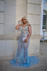 Light Blue Sheer Prom Dress Beaded Mermaid Gown with Train and Lace