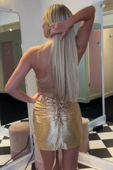 Light Blue Spaghetti Straps Beaded Bodycon Short Homecoming Dress