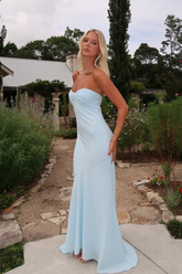 Light Blue Strapless Ruched Sweetheart Sleeveless Mermaid Satin Floor Formal Evening Gown