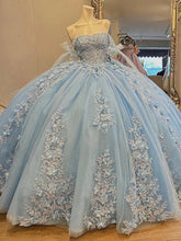Light Blue Strapless Sleeveless 3D Floral Applique Beaded Bow Ball Gown Quinceanera Dress