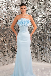 Light blue strapless applique mermaid evening dress