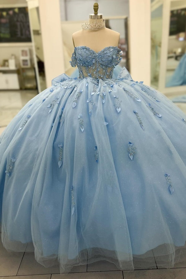 Light Blue Sweetheart Cap Sleeve Beaded Floral Applique Bow Ball Gown Quinceanera Dress