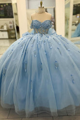 Light Blue Sweetheart Cap Sleeve Beaded Floral Applique Bow Ball Gown Quinceanera Dress