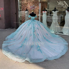 Light Blue Sweetheart Cap Sleeve Floral Applique Ruffled Ball Gown Quinceanera Dress