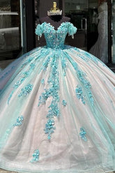 Light Blue Sweetheart Cap Sleeve Floral Applique Ruffled Ball Gown Quinceanera Dress
