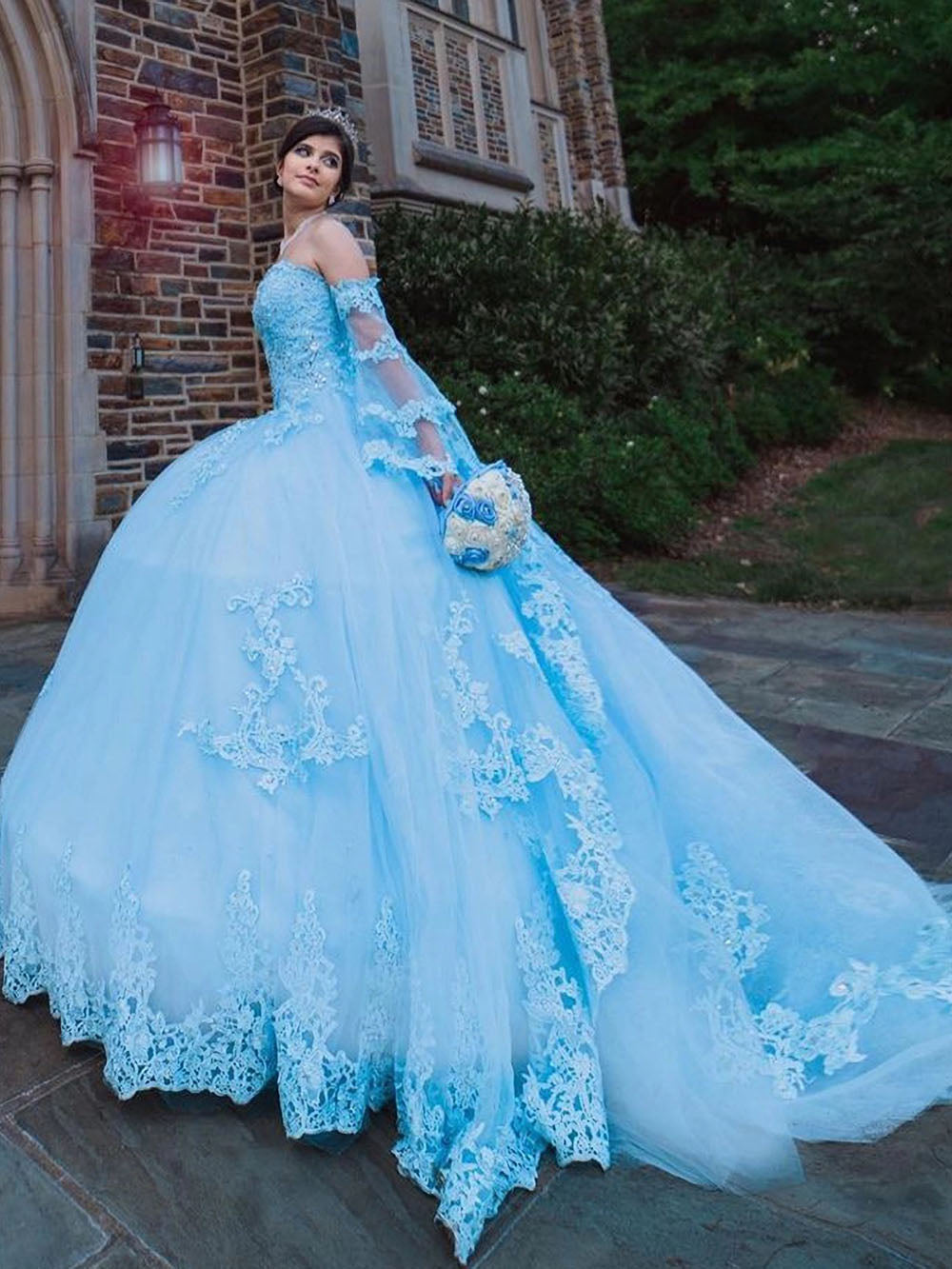 Light Blue Sweetheart Long Sleeve Beaded Lace Applique Ball Gown Quinceanera Dress