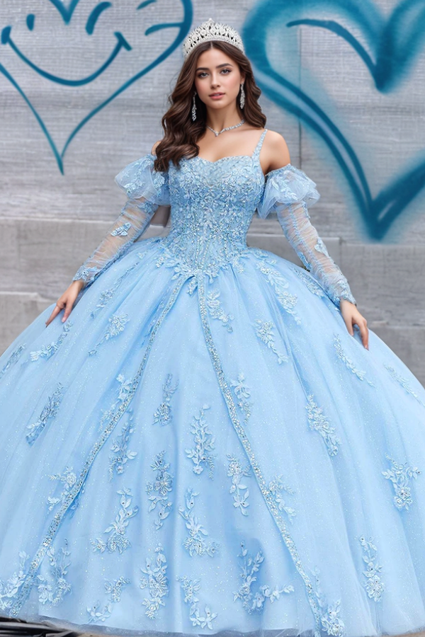 Light Blue Sweetheart Long Sleeve Floral Applique Beading Ball Gown Quinceanera Dress