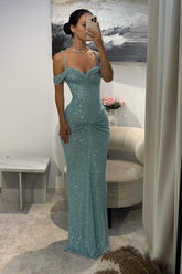 Light Blue Sweetheart Off Shoulder Sequined Mermaid Floor Length Formal Evening Gown