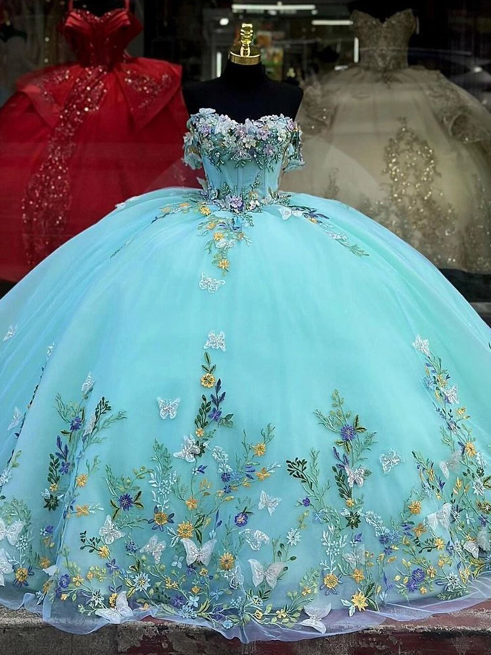 Light Blue Sweetheart Sleeveless 3D Butterfly Floral Applique Ball Gown Quinceanera Dress