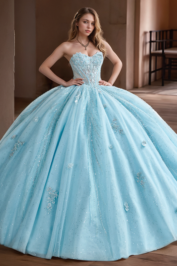Light Blue Sweetheart Sleeveless Beaded Floral Applique Tulle Ball Gown Quinceanera Dress