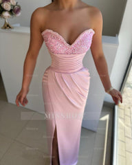 Light Blue Sweetheart Sleeveless Beaded Ruched Bodycon Front Slit Floor Evening Dress