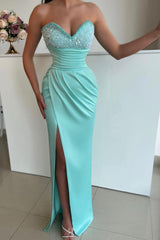 Light Blue Sweetheart Sleeveless Beaded Ruched Bodycon Front Slit Floor Evening Dress