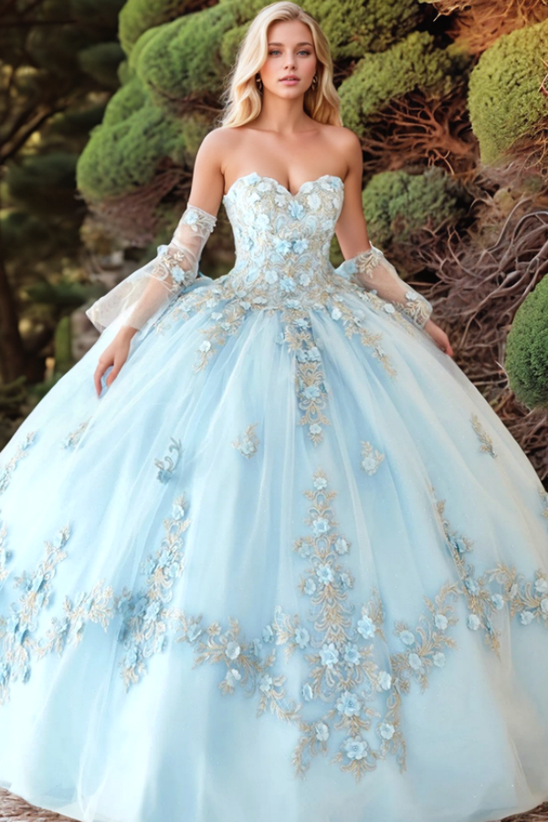 Light Blue Sweetheart Sleeveless Lace Applique 3D Floral Ball Gown Quinceanera Dress