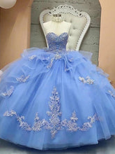 Light Blue Sweetheart Sleeveless Lace Applique Beaded Tiered Ball Gown Quinceanera Dress