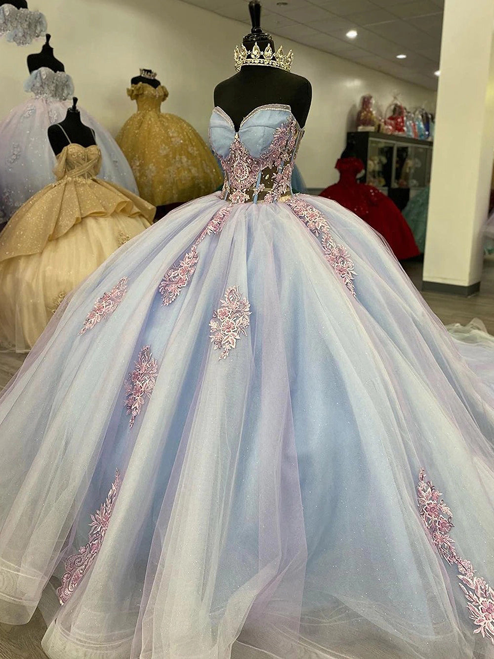 Light Blue Sweetheart Strapless Floral Applique Beaded Ball Gown Quinceanera Dress