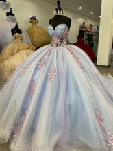 Light Blue Sweetheart Strapless Floral Applique Beaded Ball Gown Quinceanera Dress
