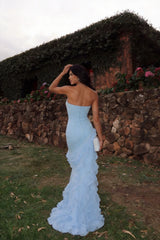 Light Blue Sweetheart Strapless Sleeveless Mermaid Chiffon Ruffled Formal Evening Gown