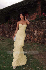 Light Blue Sweetheart Strapless Sleeveless Mermaid Chiffon Ruffled Formal Evening Gown