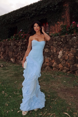 Light Blue Sweetheart Strapless Sleeveless Mermaid Chiffon Ruffled Formal Evening Gown
