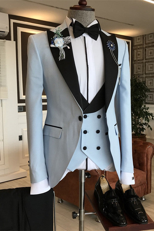 Light Blue Three-Piece Close-Fitting Prom Suit With Black Peaked Lapel