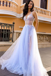 Light Blue V Neck Sleeveless Sequined Tulle A-Line Open Back Floor Formal Evening Gown