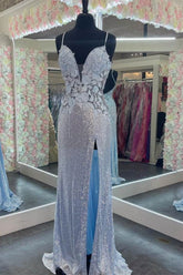 Light blue v-neck applique mermaid evening dress