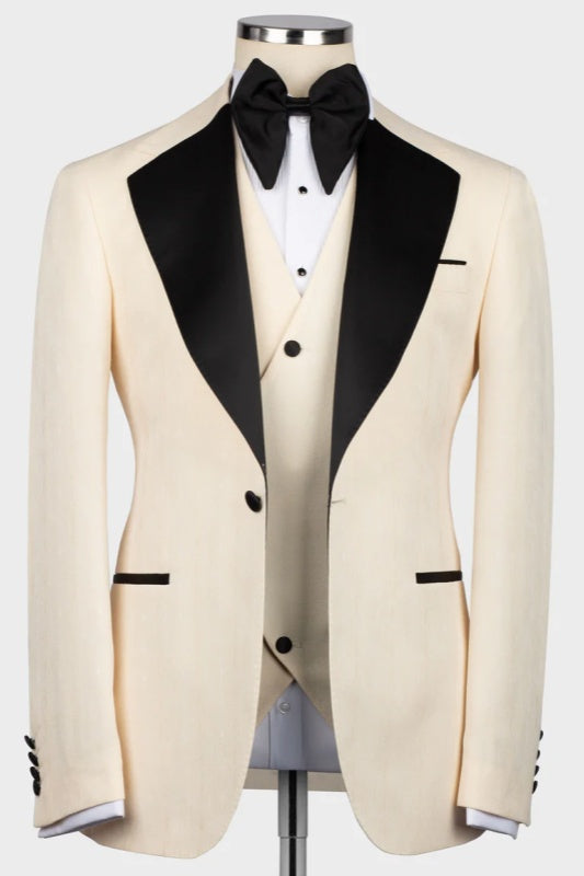 Light Champagne Three-Piece Groom's Wedding Suit With Black Peak Lapel