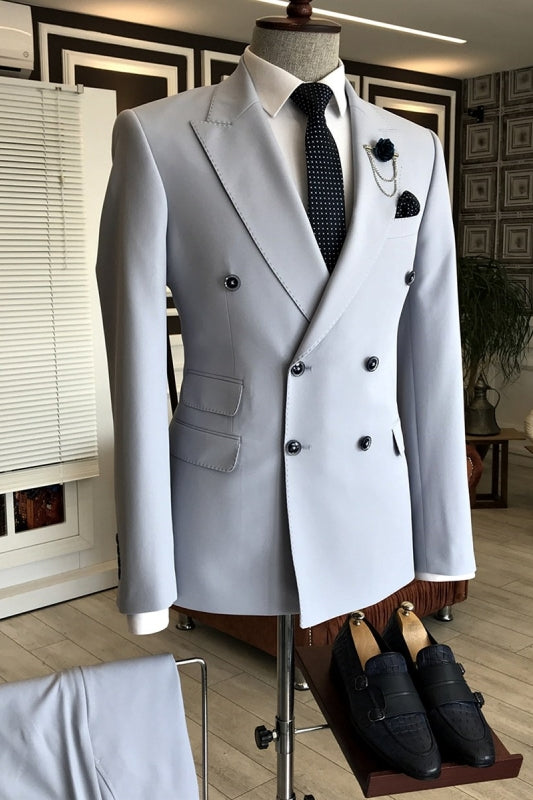 Light Gray Double-Breasted Peaked Lapel Close-Fitting Prom Suit