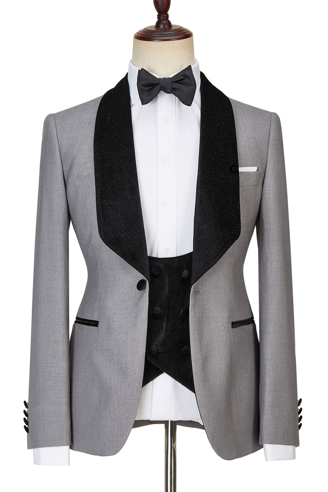 Light Gray Single Button Glossy Shawl Lapel Three-Piece Wedding Men’s Suits