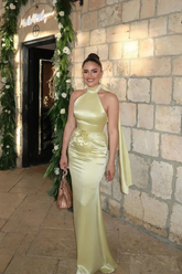 Light Green Halter High Neck Sleeveless Satin 3D Flowers Mermaid Floor Evening Dress