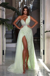 Mint one shoulder ruffled mermaid evening dress