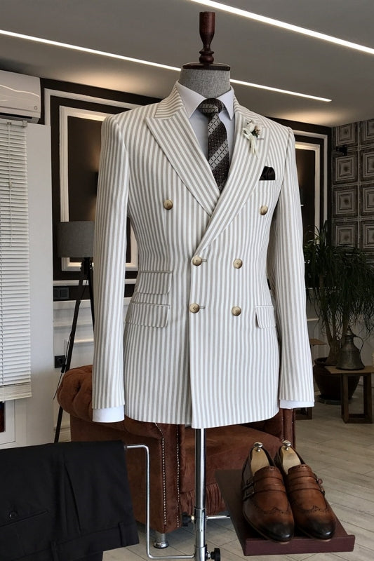 Light Ivory Striped Double-Breasted Slim Peaked Lapel Business Suit
