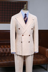 Light Khaki Peak Lapel Double Breasted Business Suit