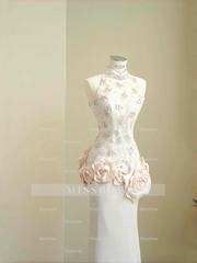 Light Pink High Neck Sleeveless Mermaid Lace Beaded Floral Applique Floor Evening Dress