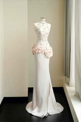 Light Pink High Neck Sleeveless Mermaid Lace Beaded Floral Applique Floor Evening Dress